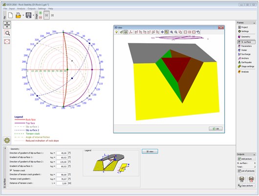 GEO 5 Rock Stability - 3D visualization of rock wedge (stereographic projection)