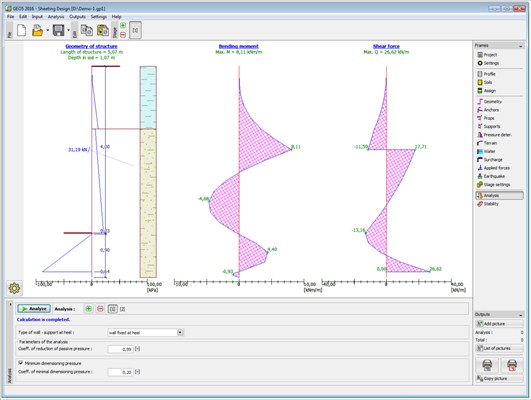 GEO 5 Sheeting Design - Analysis of an internal forces (bending moment, shear force)